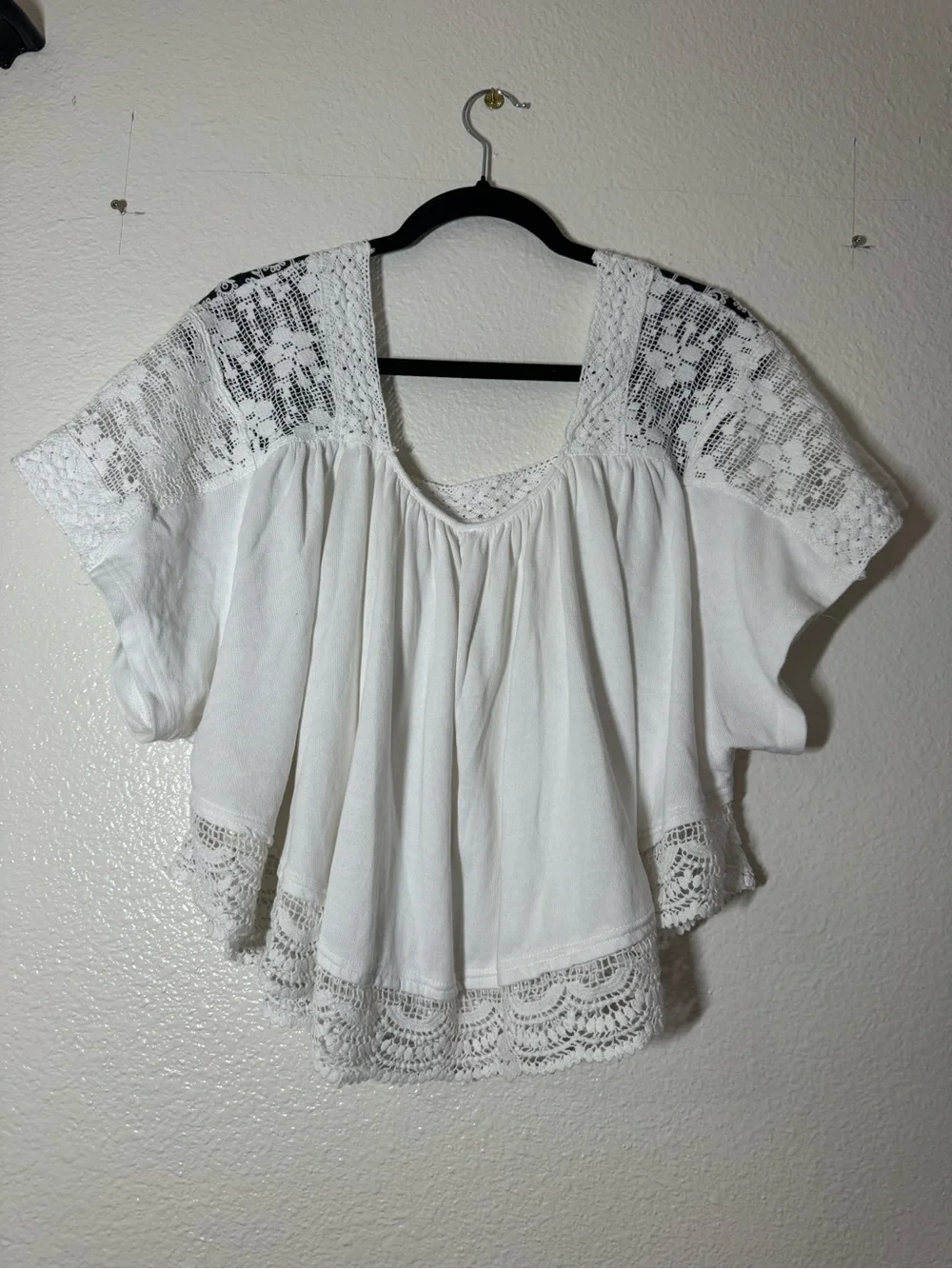 Free People White top with Black Embroidered Shoulders